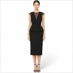 SALTT Black Lace Sleeve Trim Peplum Fitted Sheath Midi Dress Sample NWOT New 2